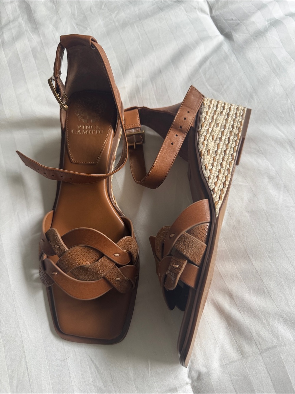 Vince Camuto Cognac Braided Wedge Sandals. Leather Brand New .